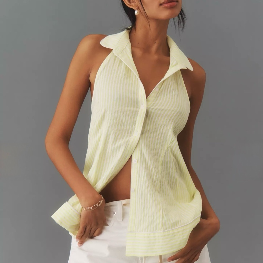 NWT By Anthropologie Button-Front Halter Swing Blouse Sz M Striped Yellow
